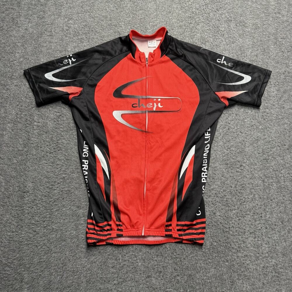 Cheji Cycling Jersey Men's Medium Red Praising Life Full Zip Racing Short Sleeve